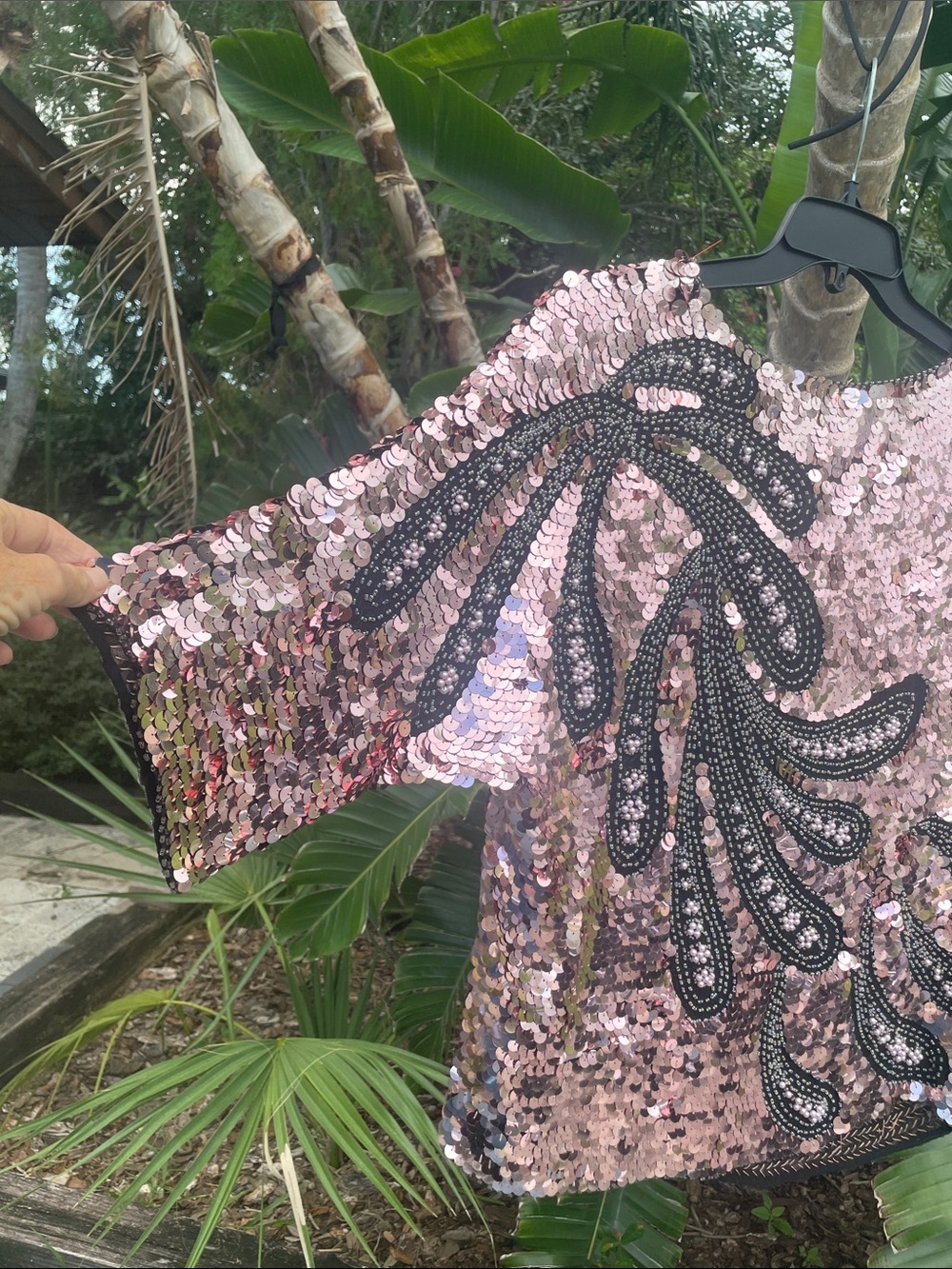 pink sequin and pearl beaded semi sheer silk Fabulocity